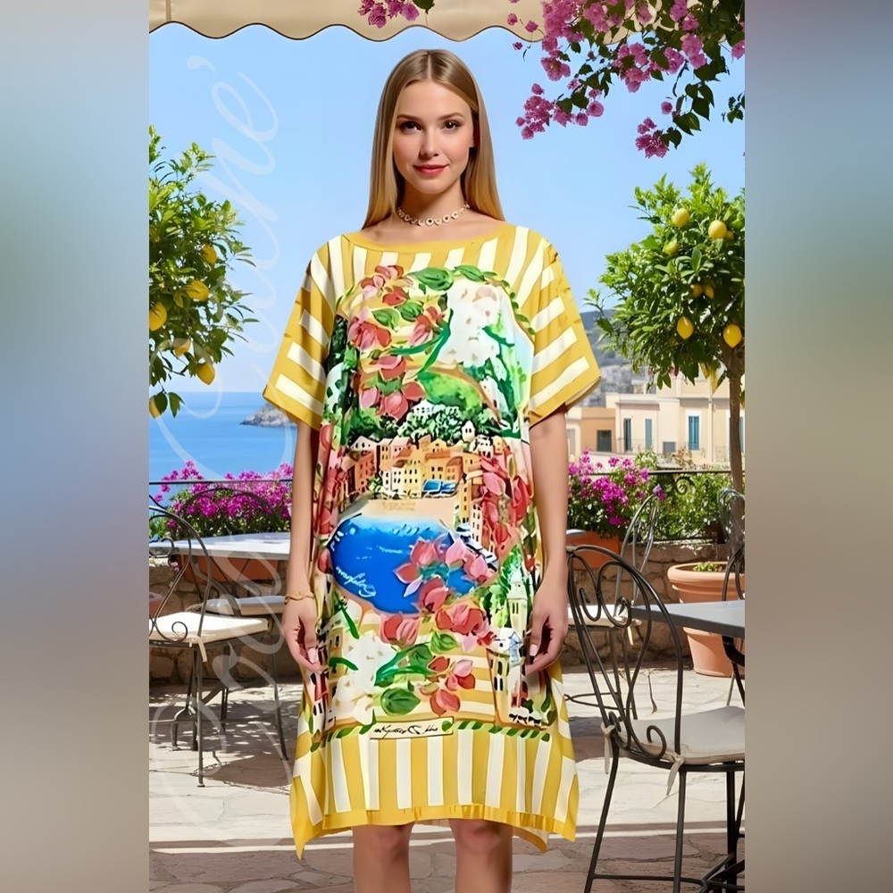 Portofino Riviera Tropical Pattern Oversized Casual Midi Dress